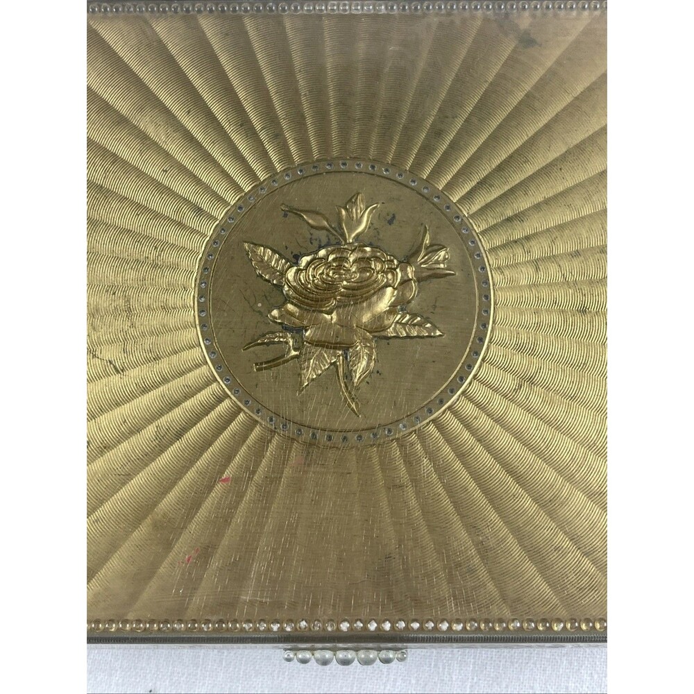 Vintage Gold Colored Plastic Box With Embossed Rose On Top - Picture 10 of 13
